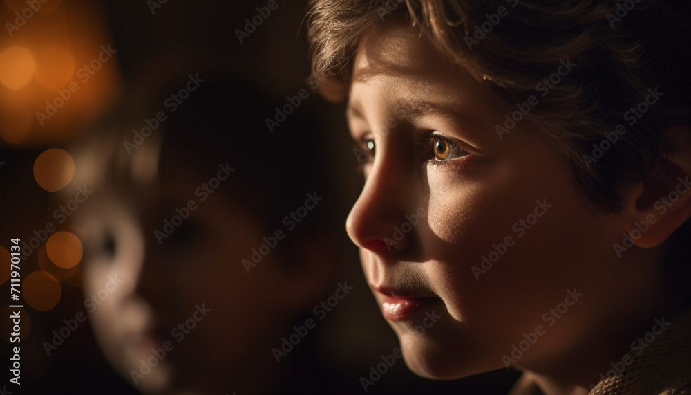 Two cute boys looking at camera, indoors, with selective focus generated by AI Two cute boys looking at camera, indoors, with selective focus generated by AI