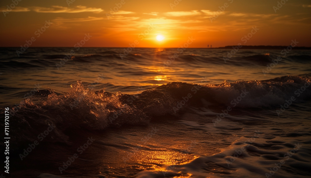 Sunset over the water, nature beauty reflected in tranquil waves generated by AI