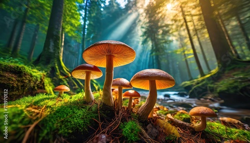 The mushrooms in the forest.