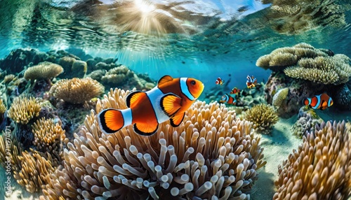 The clownfish with the coral in the sea.