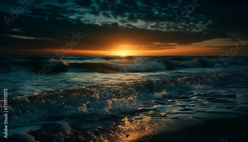Sunset over the water, waves crashing, nature beauty on display generated by AI