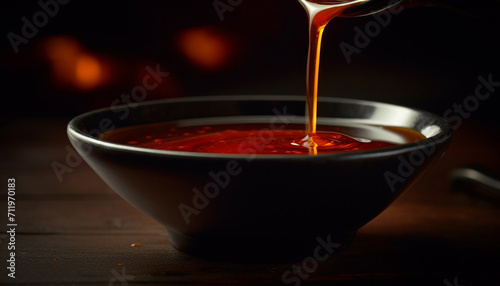 Freshness pouring from the bowl, gourmet liquid on wooden table generated by AI