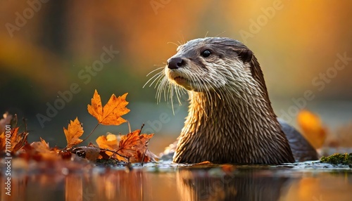 The otter in the water at the autumn background.