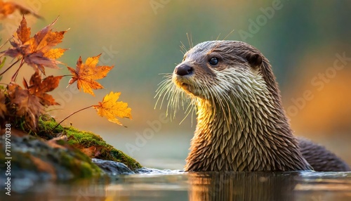 The otter in the water at the autumn background.