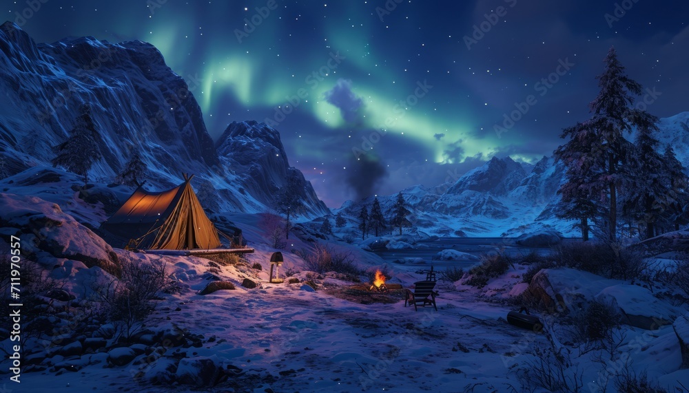 Camping Under the Dance of Lights, A Whistlerian Montage of a Festive Night in the Snowy Landscapes of Unreal Engine 5, Captured Through the Lens of a Toy Camera, Inspired by the Art of the