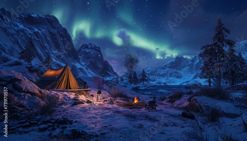 Camping Under the Dance of Lights, A Whistlerian Montage of a Festive Night in the Snowy Landscapes of Unreal Engine 5, Captured Through the Lens of a Toy Camera, Inspired by the Art of the photo