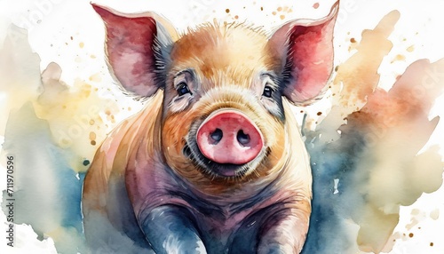 The watercolor of the pink pig in the farm. photo