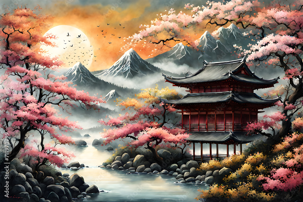 Fototapeta premium Painting digital art Japanese background wallpaper 