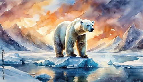 The watercolor of polar bear on ice.