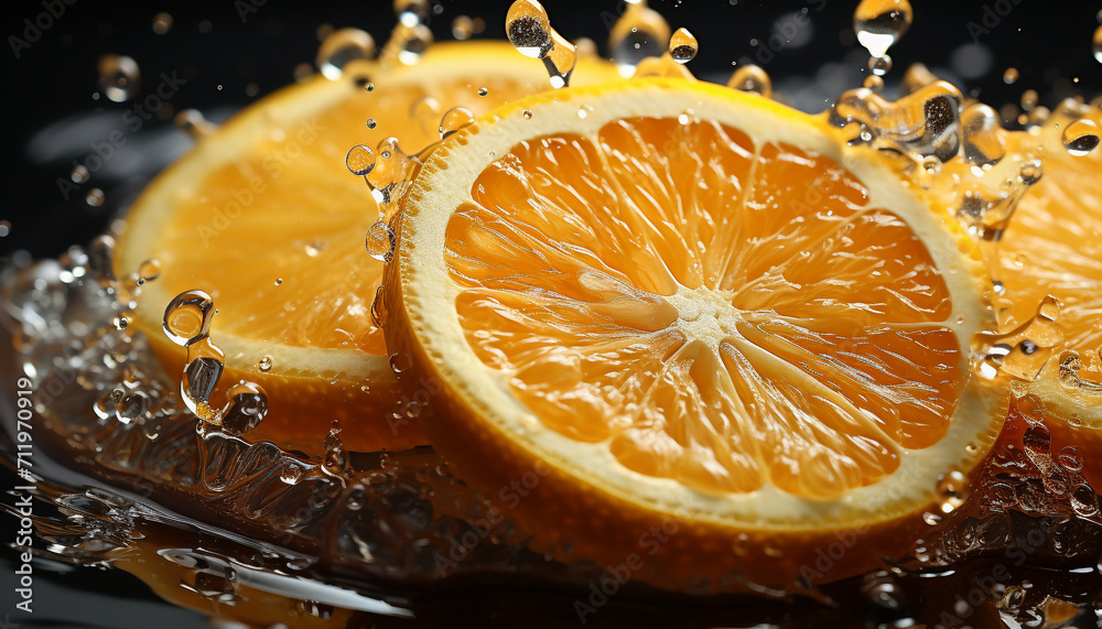 Freshness of citrus fruit, wet slice, liquid orange, refreshing drink generated by AI
