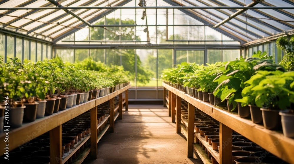 Rows of plants in boxes in glass greenhouse. Generative AI.