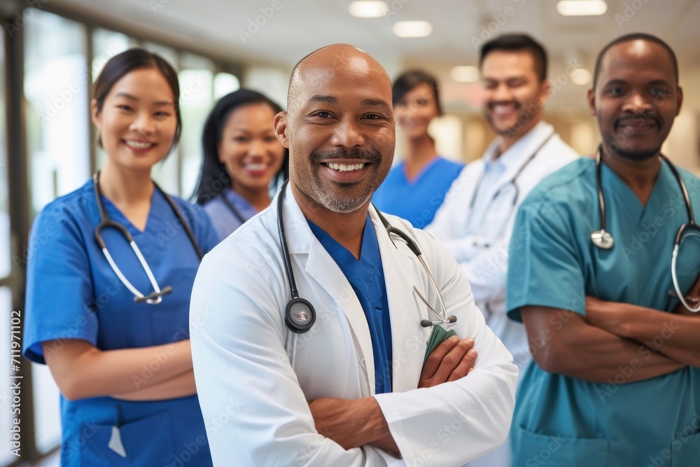Group of a medical team at the hospital. Generative AI. Group of a medical team at the hospital. Generative AI.