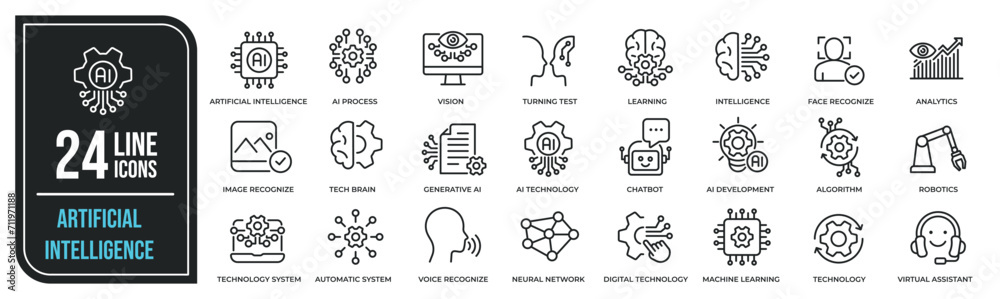 Artificial intelligence minimal thin line icons. Related technology, digital, automation, machine. Editable stroke. Vector illustration.