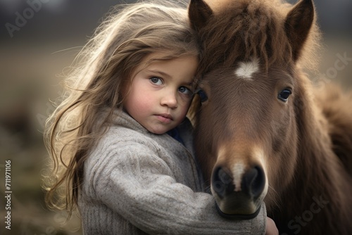 Small cute girl embraces a pony outdoors