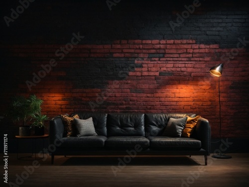 Indoor interior wall room with furniture and sofa, grunge brick wall texture background