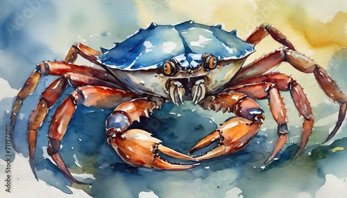 The blue crab watercolor drawing illustration.