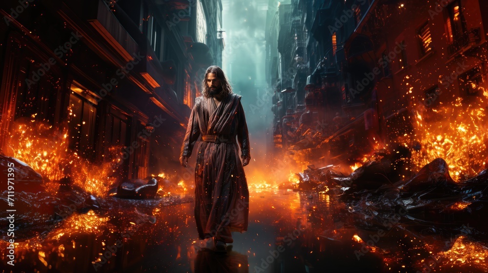 Jesus walking disappointedly through protest of angry and unruly violent people Jesus walking disappointedly through protest of angry and unruly violent people