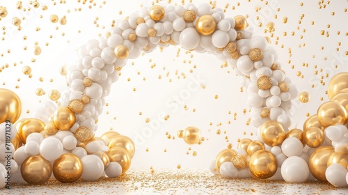 Decoração de festa de casamento com arco de bexigas em dourado e branco photo