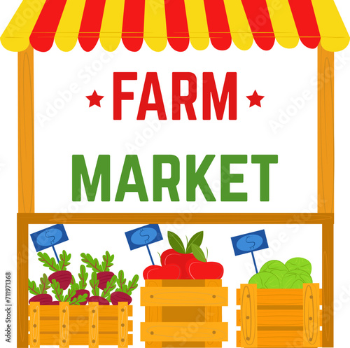 Colorful farm market stall with fresh vegetables in wooden crates. Local produce stand with beets, tomatoes, and lettuce vector illustration.