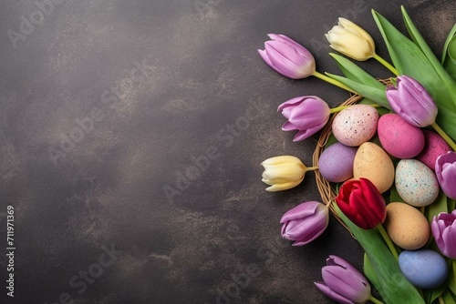 Colorful Easter eggs, tulips, spring, holiday, flat lay, traditional decoration, top view. Generative AI