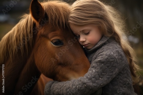 Small cute girl embraces a pony outdoors