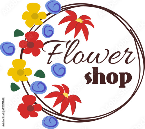 Colorful floral design for flower shop logo with a circular frame. Bright flo...