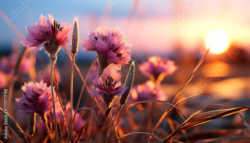 A vibrant meadow blooms with purple and yellow flowers generated by AI photo