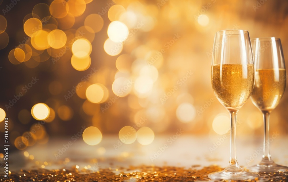 Two champagne flutes with gold glitter on a table. Generative AI. Two champagne flutes with gold glitter on a table. Generative AI.