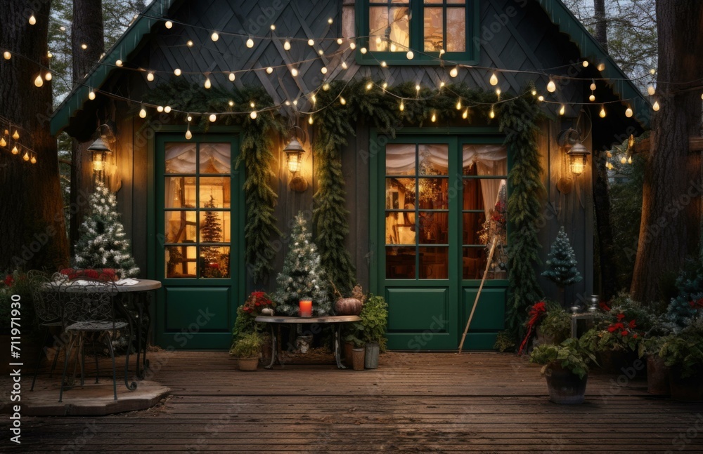 A cottage with lights strung across the front porch. Generative AI.