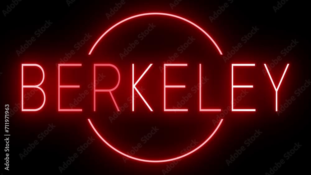 Flickering red retro style neon sign glowing against a black background for BERKELEY Flickering red retro style neon sign glowing against a black background for BERKELEY