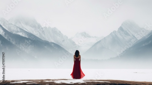 Woman in red dress standing on snow covered mountain. Generative AI.