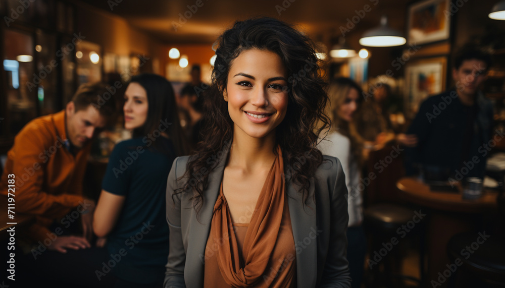 Young women smiling, looking at camera, indoors, in a bar generated by AI