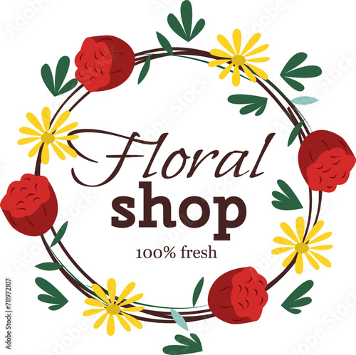 Circular floral wreath with red and yellow flowers, leaf accents. Elegant design for a floral shop logo with stylish typography. Fresh flower emblem vector illustration. photo