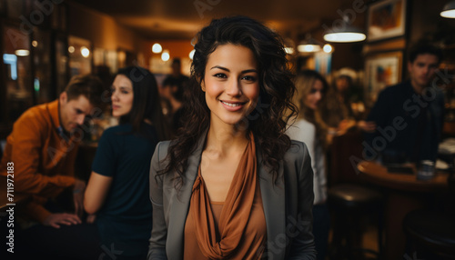 Young women smiling  looking at camera  indoors  in a bar generated by AI