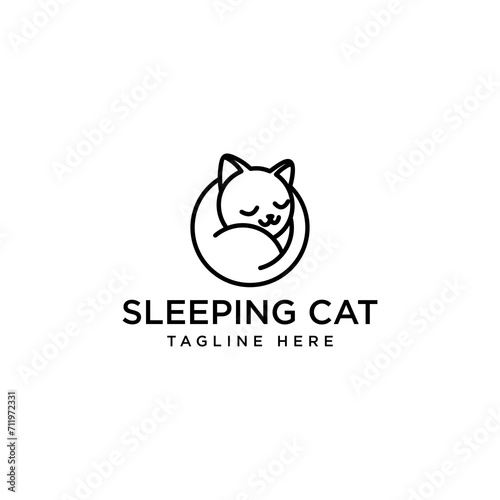 Cute cartoon cat logo, sleeping curled up in a circle. sleeping in black and white contour line drawing. Adorable cat symbol. Isolated vector clip art illustration.