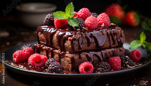 A homemade chocolate raspberry brownie on a wooden dessert plate generated by AI