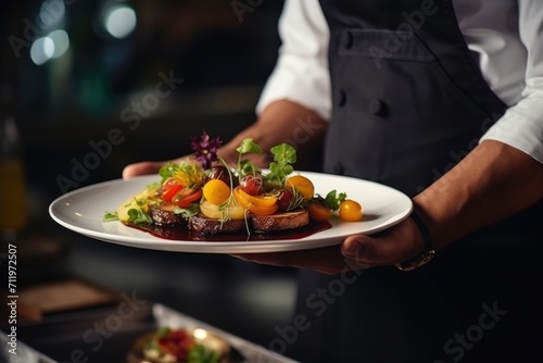 Chef serving a plate with a meat dish  decorated with flowers and greens