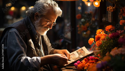 A mature man, owner of a small flower shop, working generated by AI