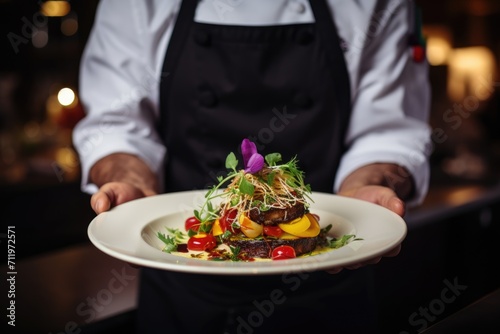 Chef serving a dish with artistic presentation  adorned with flowers and sauce