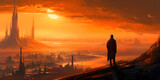 man overlooking a futuristic city in silhouette, in the style of vibrant fantasy landscapes