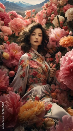 A woman in a floral dress surrounded by flowers. Generative AI.