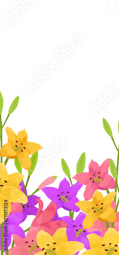 Colorful lilies illustration, yellow and purple flowers with green leaves. Fl...