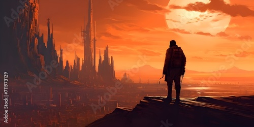 man overlooking a futuristic city in silhouette, in the style of vibrant fantasy landscapes photo