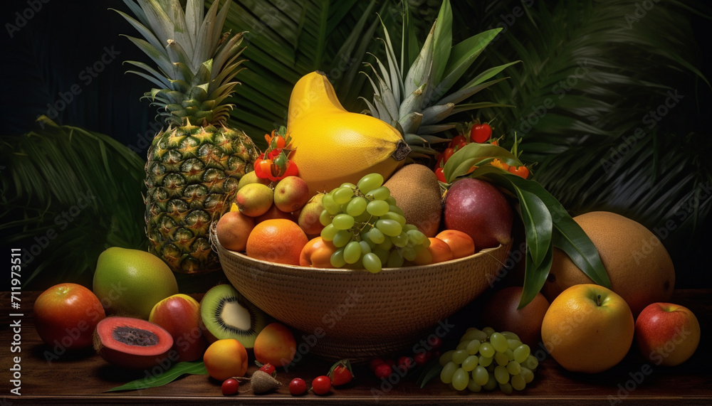 Freshness of tropical fruits on a table, healthy and delicious generated by AI Freshness of tropical fruits on a table, healthy and delicious generated by AI