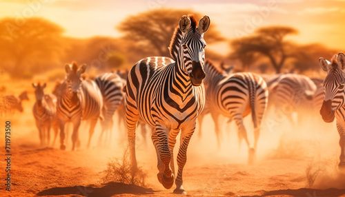 African zebra herd grazing in the sunset on the savannah generated by AI