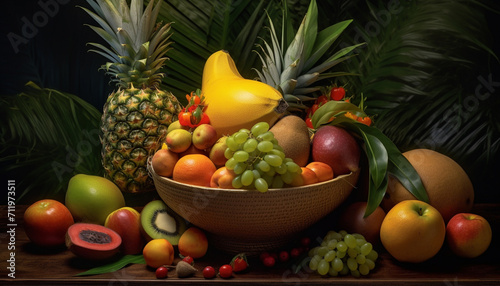 Freshness of tropical fruits on a table, healthy and delicious generated by AI