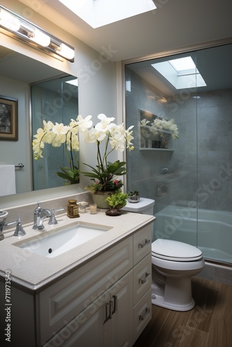 Bathroom with white vanity  vessel sink  and frameless glass shower