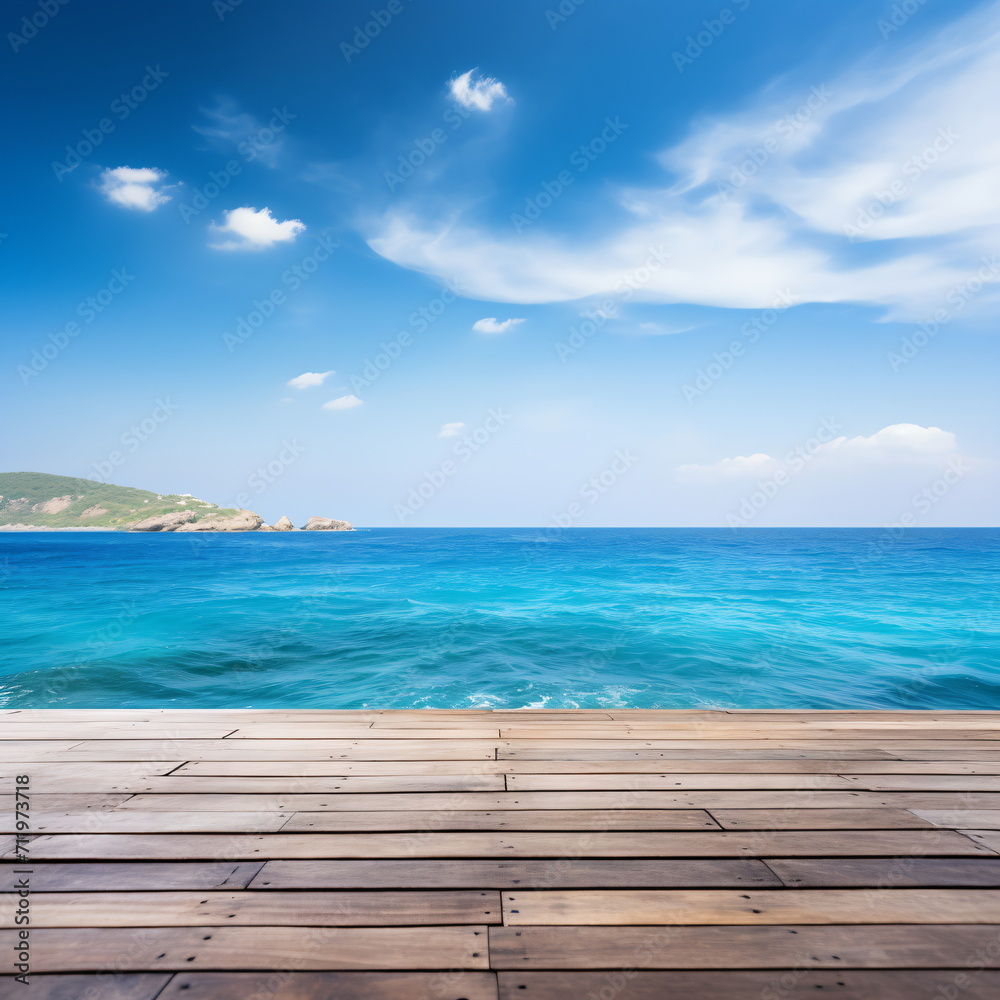 Wooden dock over blue ocean with island in distance