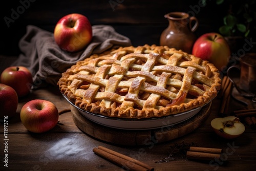 Apple pie on a table surrounded by apples and cinnamon sticks.