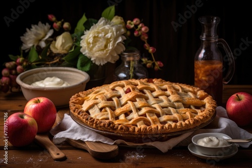 Apple pie with cinnamon and apples on a dark rustic background.